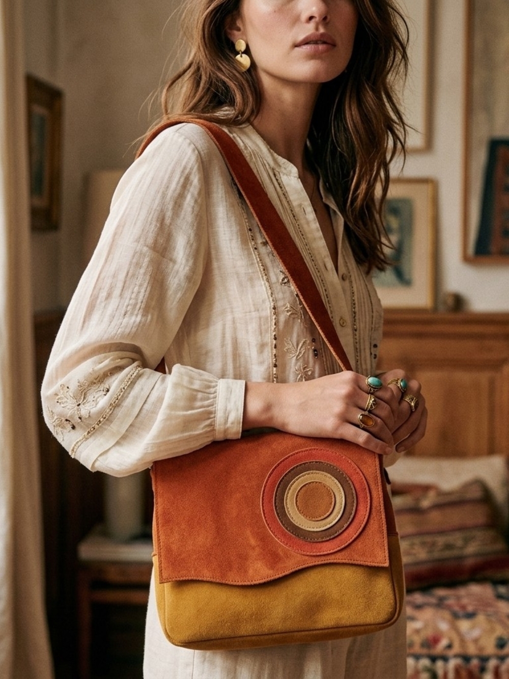 Vintage 70s Suede Leather Crossbody Bag Boho Patchwork Circle Earthy Festival